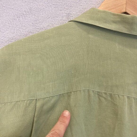 IZOD Button Up Washable Silk Linen Blend Shirt Mens Large L Green Short Sleeve - Picture 8 of 14